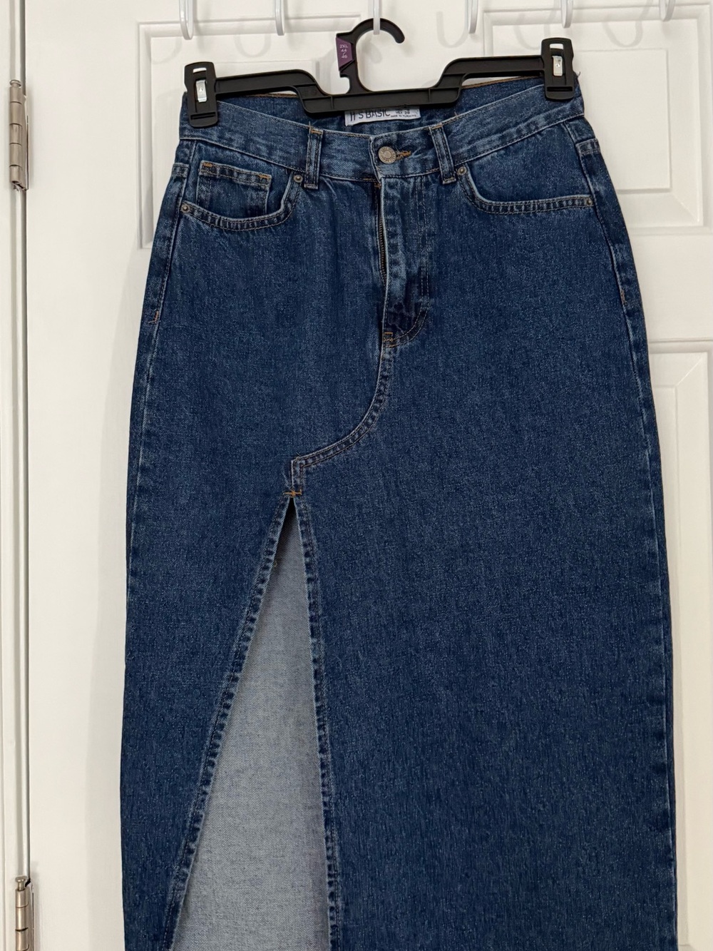 It’s Basic Blue Denim Midi Skirt Front Slit Raw Hem Size 6